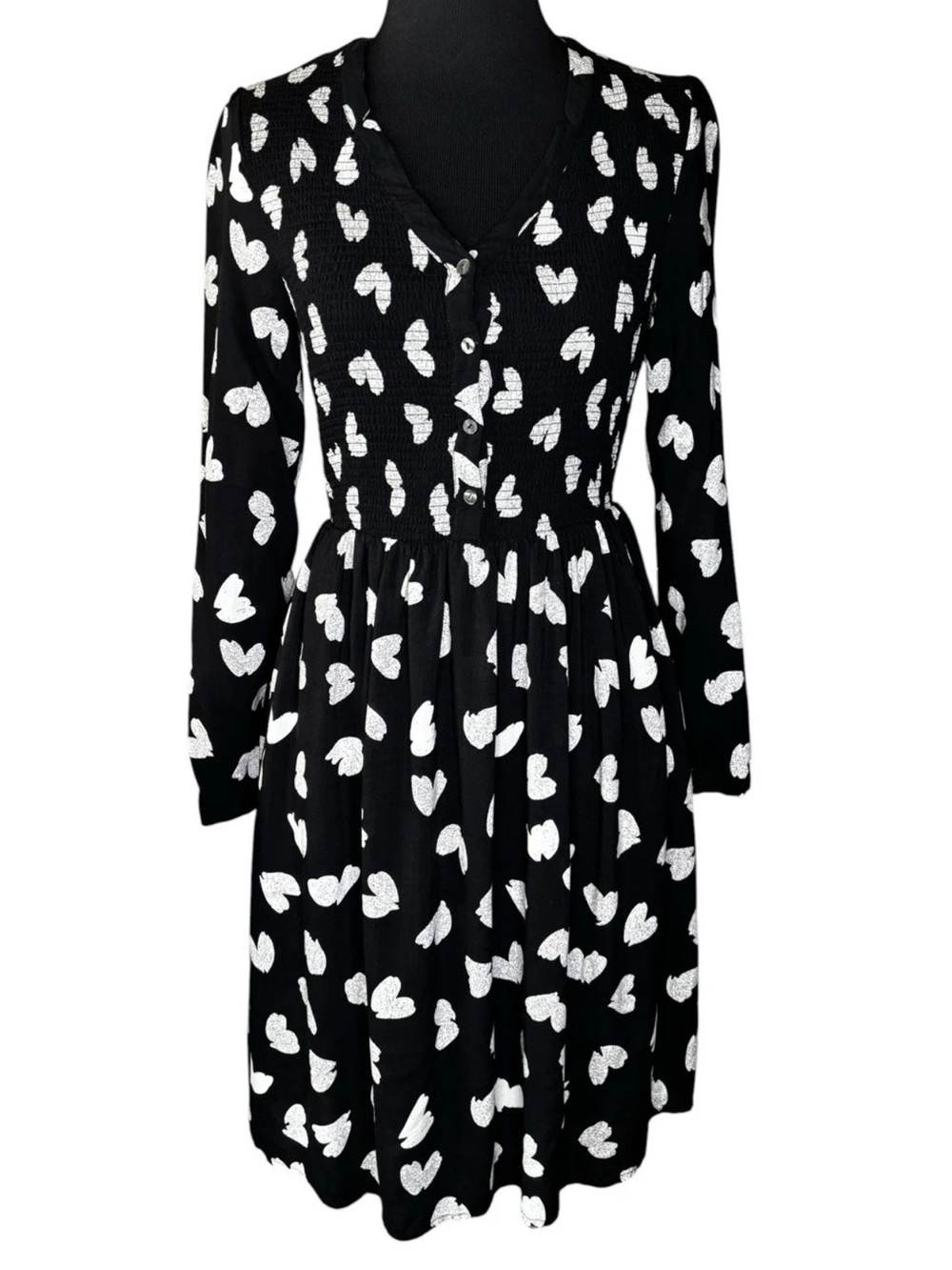 Anthropologie Maeve Banet Smocked Heart Print Dress Size XS Black White Boho